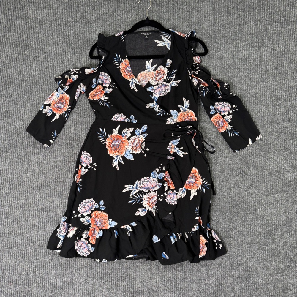 Womens M Black Floral Cold Shoulder Dress Faux Wrap Whimsy Romantic Y2K Party